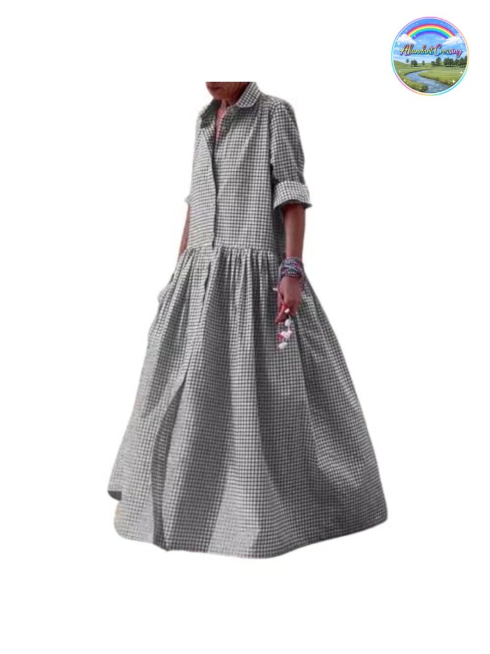 Women's Retro Plaid Button Down Maxi Shirt Dress Long Sleeve Gingham Swing Dress